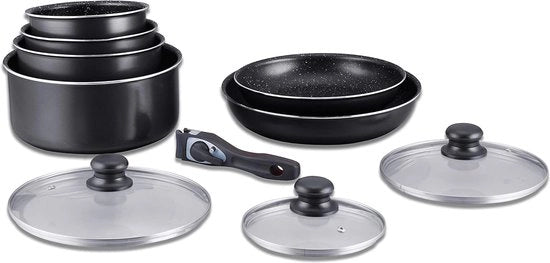 Set di Cottura - Set di Pannini Induttivi - Set di Pentola e Padella - Verniciatura a Stecco Set di Cottura con Manico Removibile - 10 Pezzi