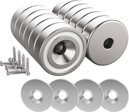 12 Pezzi di Magnete a Palla con 10 kg di Forza - 20 x 7 mm - Inclusi Cuscini in Acciaio e Viti