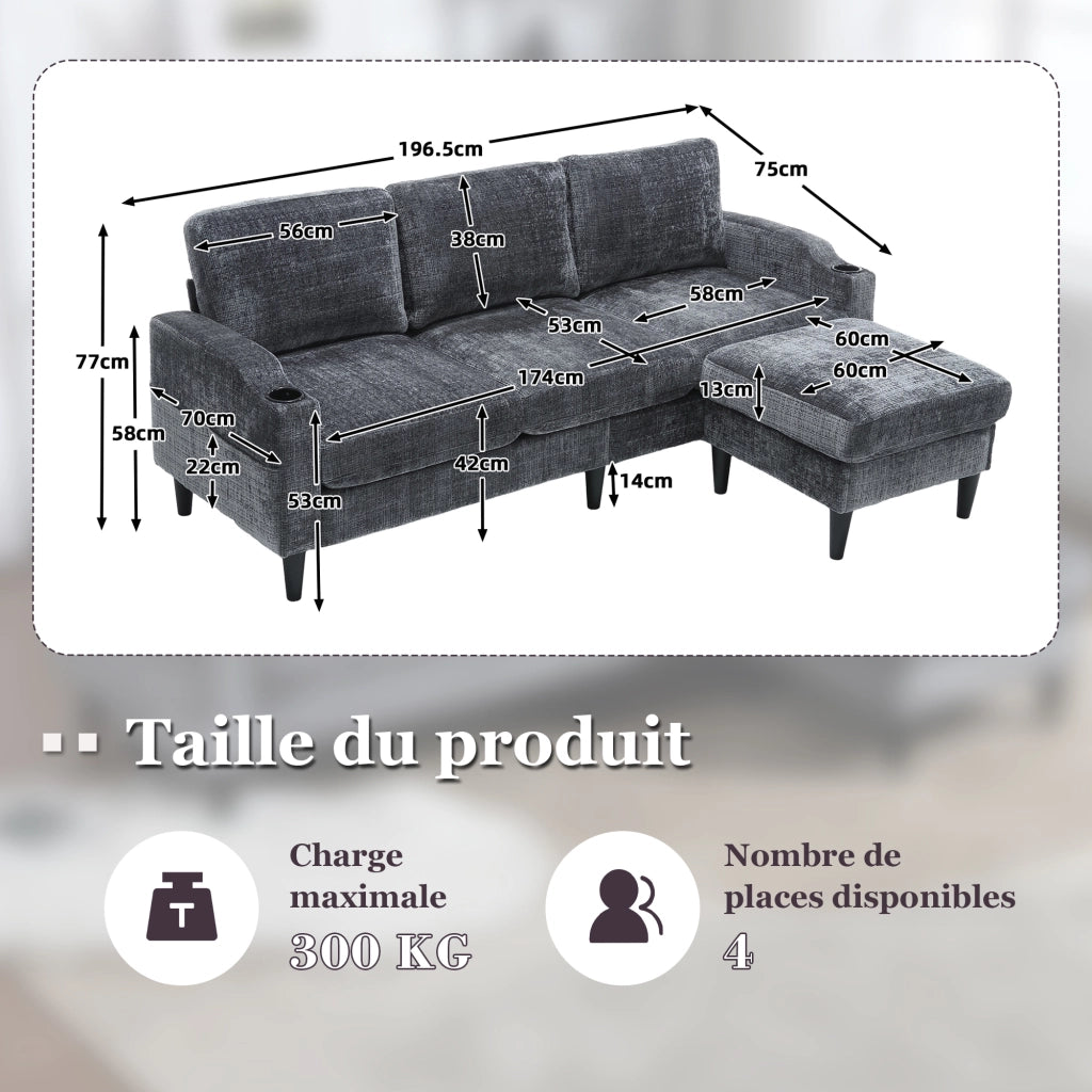 Divano Dritto 4 Posti con Pouf Contenitore; Portabicchieri e Tasche Laterali; Struttura Metallo Legno in Ciniglia Grigio