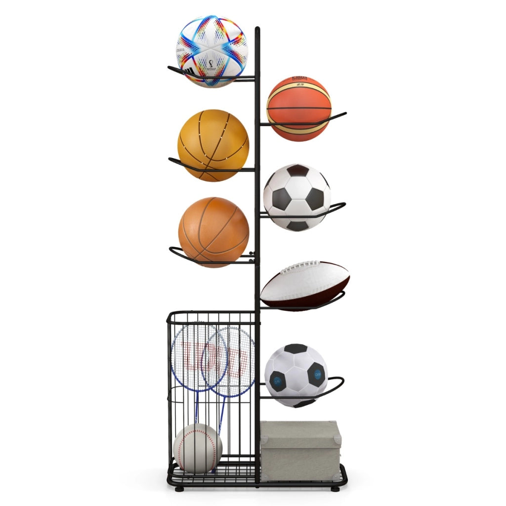 Scaffale portapalle a 7 livelli con 7 asticelle rimovibili e cestino laterale per palline-Porta pallacanestro in metallo Nero