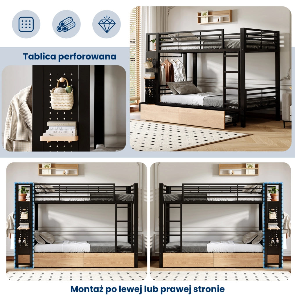 Letto a castello nero 90x200 cm con LED e 4 cassetti