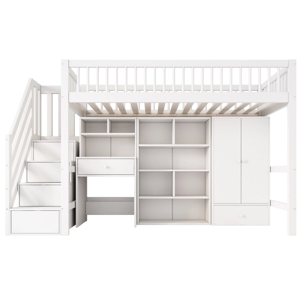 Letto singolo multifunzionale 90x200 cm con scrivania, scale contenitore e armadio, bianco