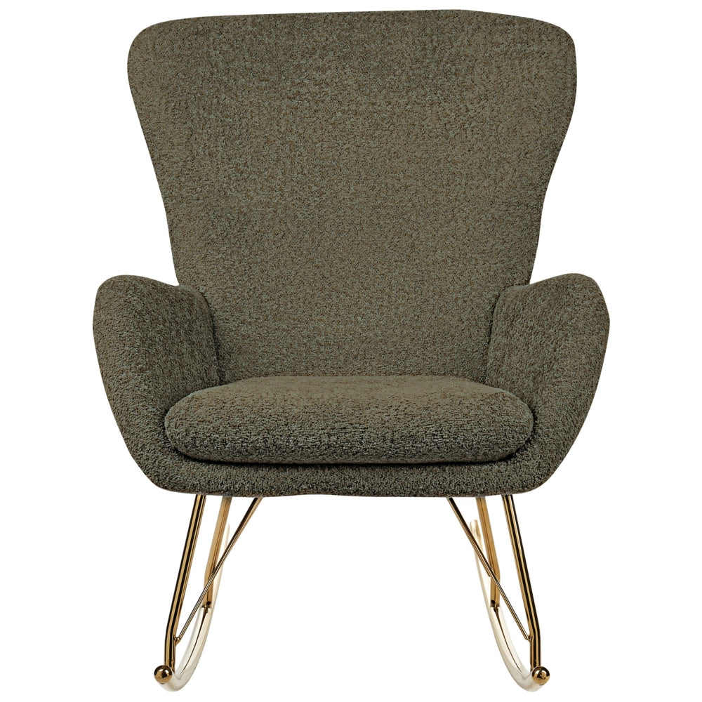 Sedia a dondolo in tessuto poliestere boucle verde scuro Rivestimento in metallo Gambe a pattini Design tradizionale e retrò