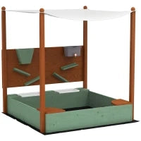 Sabbiera con Tettoia Solare per Bambini, 2 Contenitori per Conservazione, 116L x 112,5P x 128H cm, Legno di Pino, Plastica, Verde