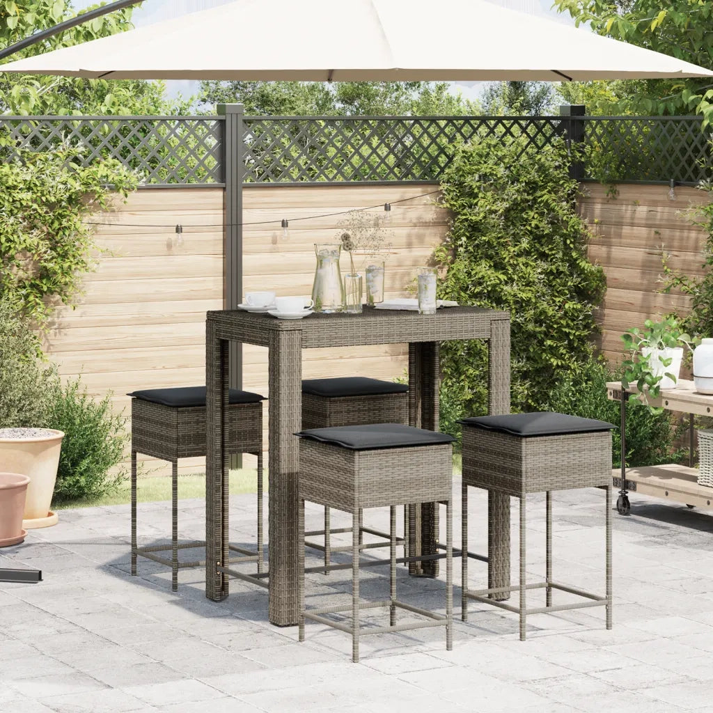 Set Bar da Giardino 5 pz | Set Salotto da Giardino con Cuscini in Polyrattan Grigio
