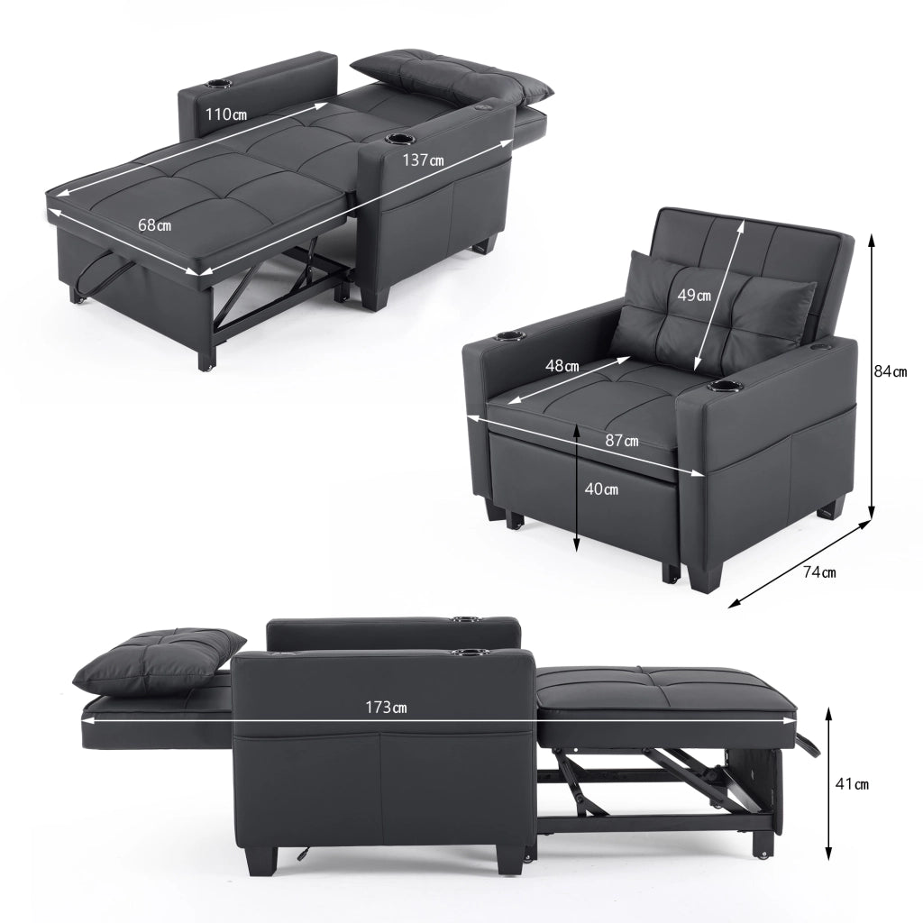 Poltrona letto 1 posto 3 in 1 con portabicchieri; tasca laterale e schienale regolabile in PU nero