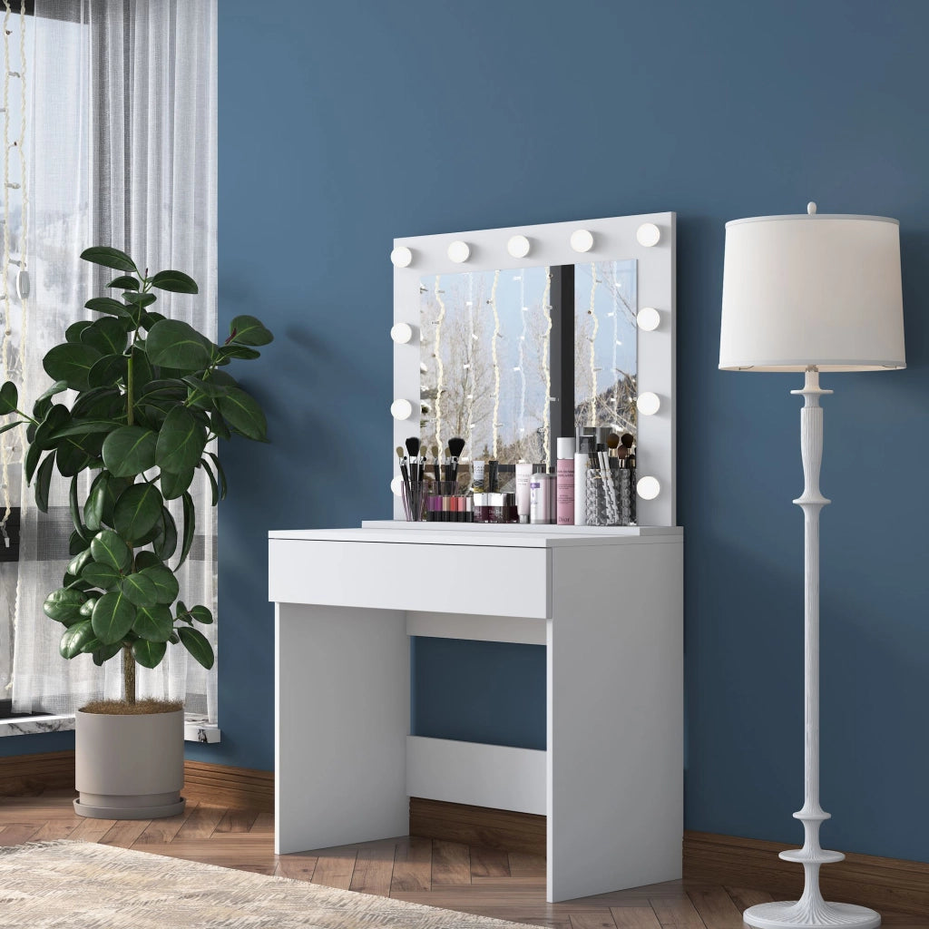 Mobile da Trucco Veggiano, Toeletta Specchio Incluso, 90x45x77h cm Bianco