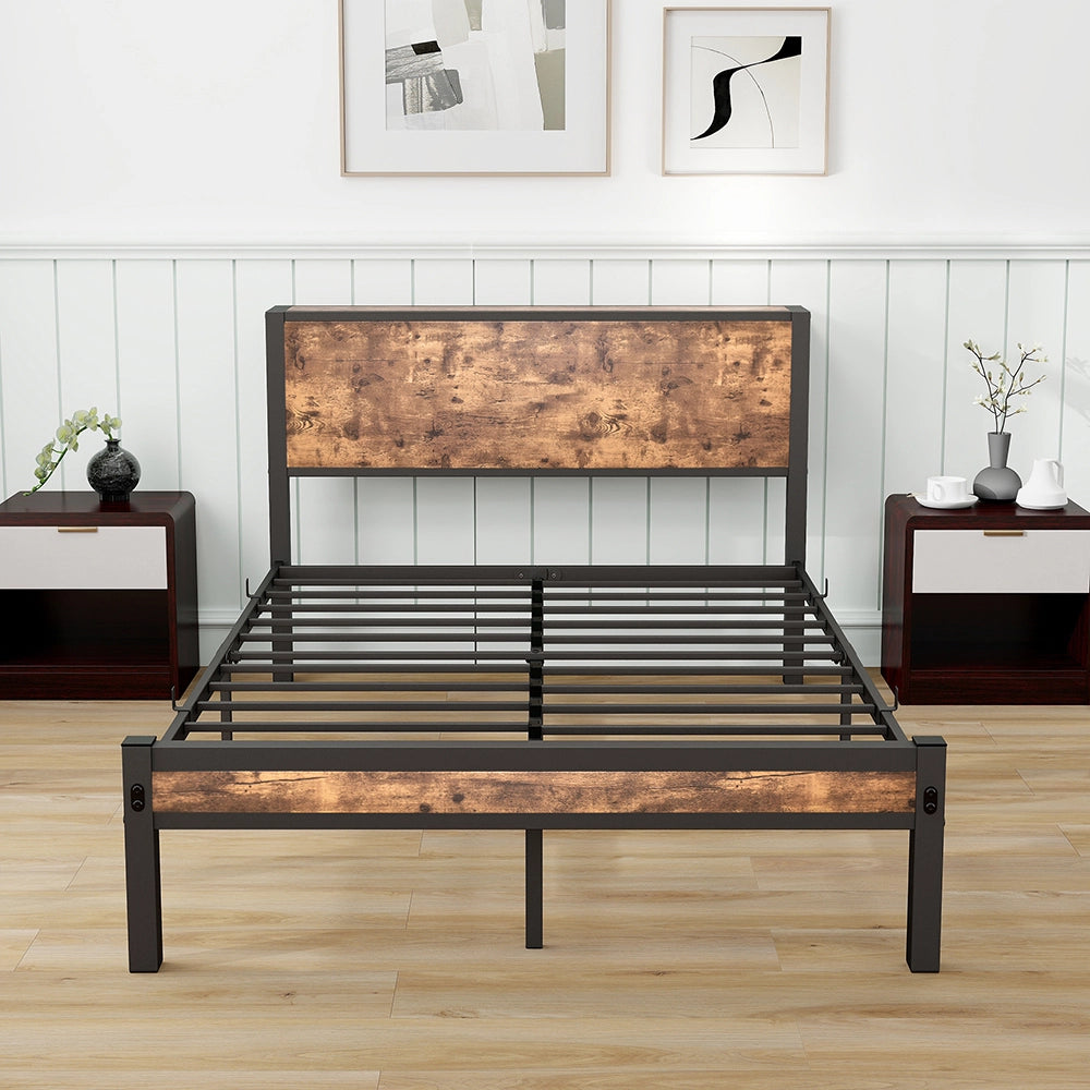 Letto metallo-Xylo-140x200 cm-testiera, contenitore, base piattaforma, marrone