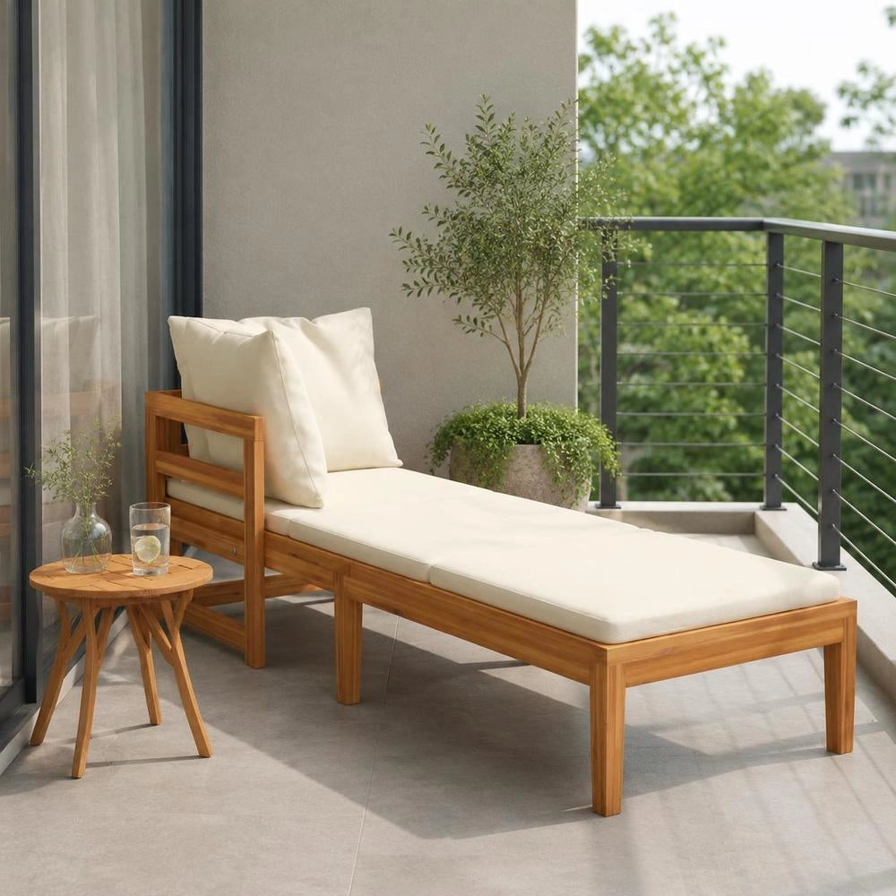 Sun Lounger With 1 Armrest, Cream White, Solid Acacia Wood