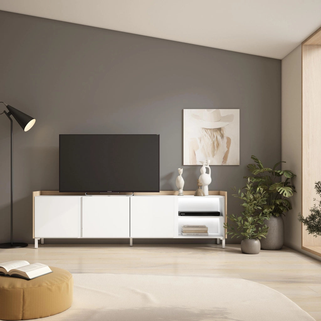 Mobile TV Soggiorno, 207x61x35 cm, Per TV fino a 80", Design industriale, LED, Bianco e Rovere soft