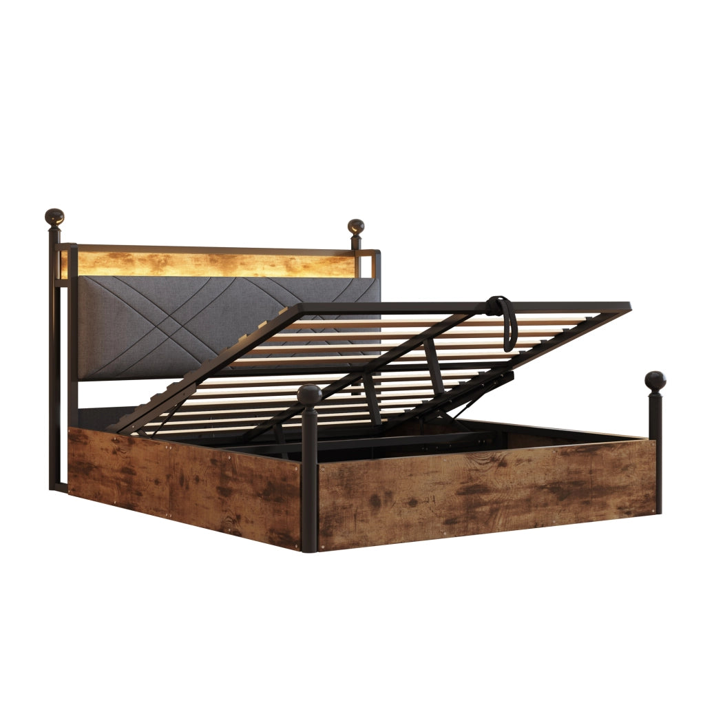Letto matrimoniale multifunzionale 140x190 cm in metallo nero con baldacchino rimovibile, LED smart, USB/Type-C e contenitore idraulico
