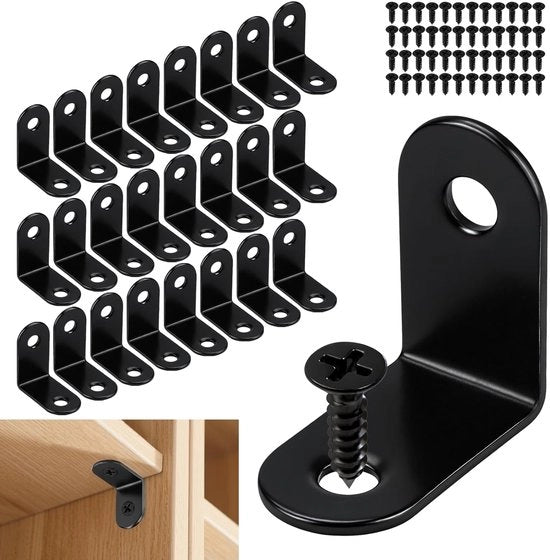 Connettori angolari in acciaio inox nero, 24 pezzi, 30 x 30 x 16 mm, connettori angolari a 90 gradi, angoli per tavoli, sedie, armadi.