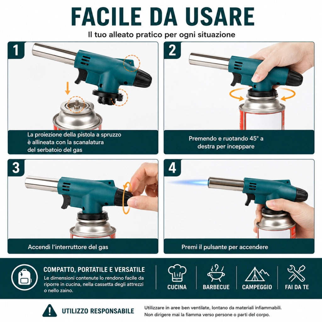 Cannello a Gas 1300°C Ricaricabile con Accensione Piezoelettrica VHT02461