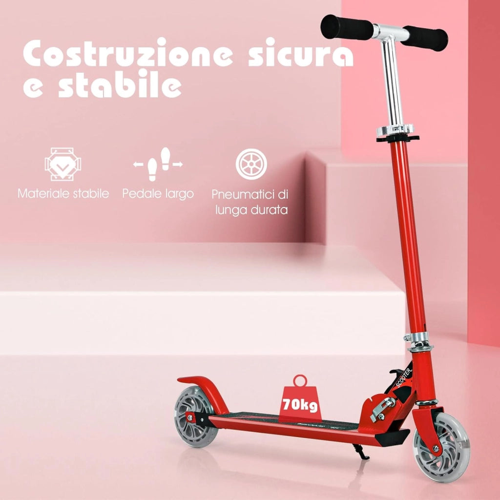 Monopattino Bambini, Monopattini a Spinta Pieghevole e Regolabile in 3 Altezze, con 2 Ruote Lampeggianti, Freno e Cavalletto, Portata 70 kg