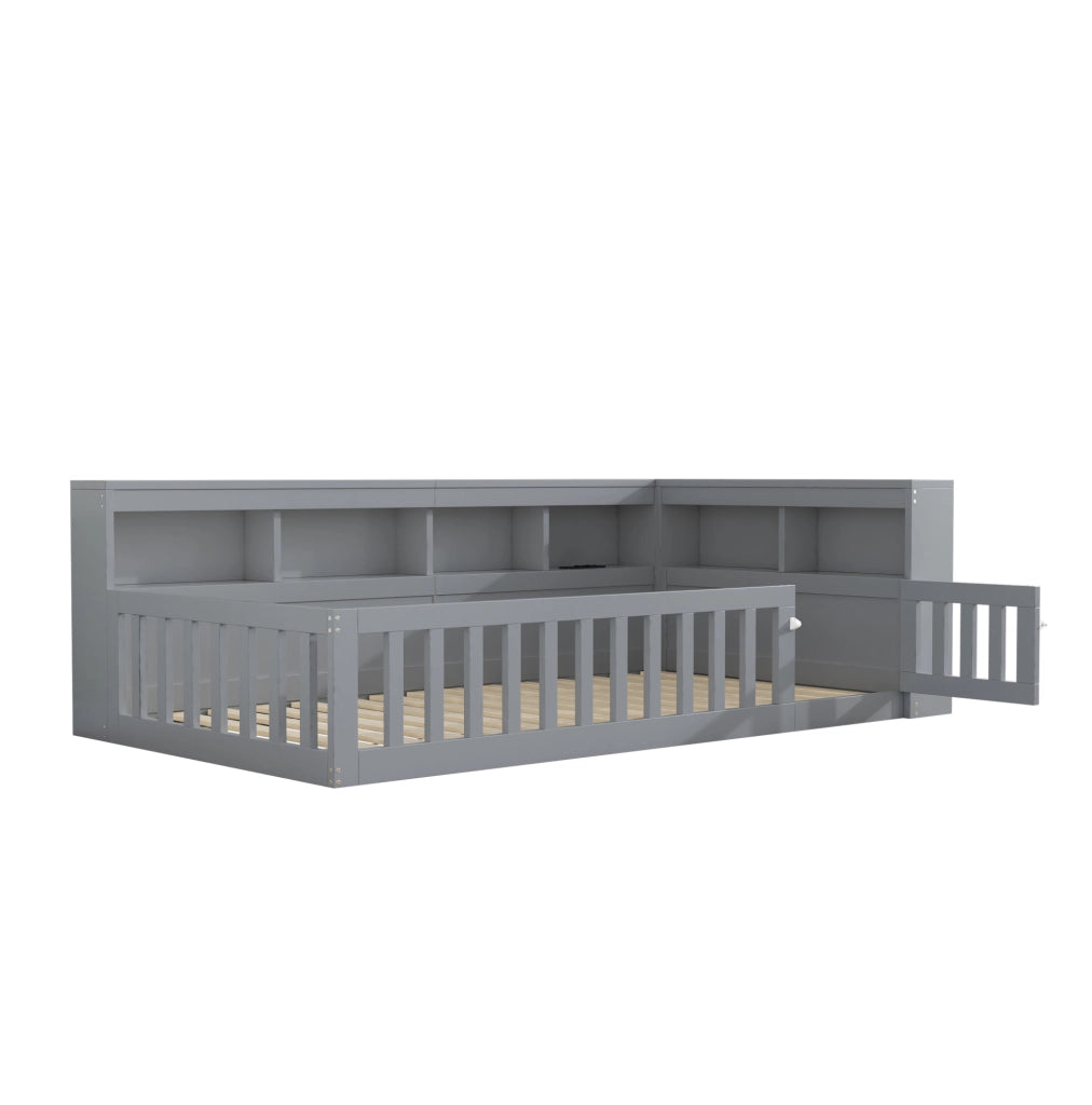 Letto a giorno con sponda; prese e USB 90x200 cm; grigio