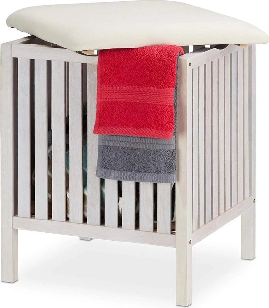 Scatola di Stoccaggio per Bagno in Stile Rurale 40 Litri - Bianco - Legno - Tessuto - 53 x 41 x 41 cm - Organizzatore per Bagno