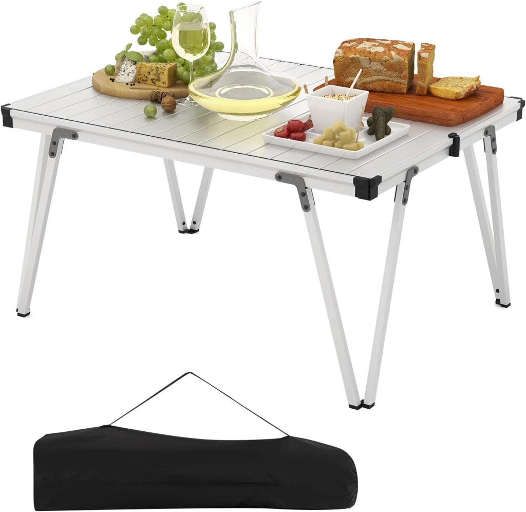Tavolo da Campeggio Pieghevole, Tavolo da Picnic con Borsa Trasporto e Piano Impermeabile, con Struttura in Alluminio, per Giardino Campeggio, Portata 80 kg (Argenteo)