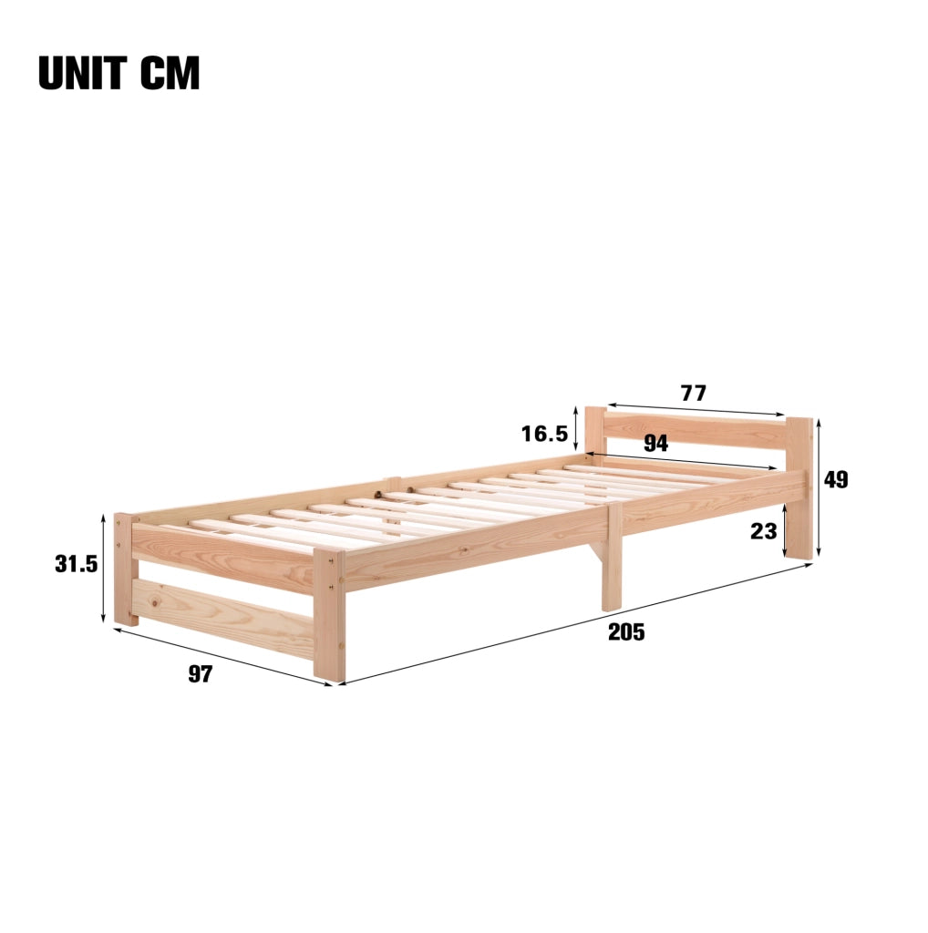Letto singolo 90x200 cm in legno massello di pino; colore naturale
