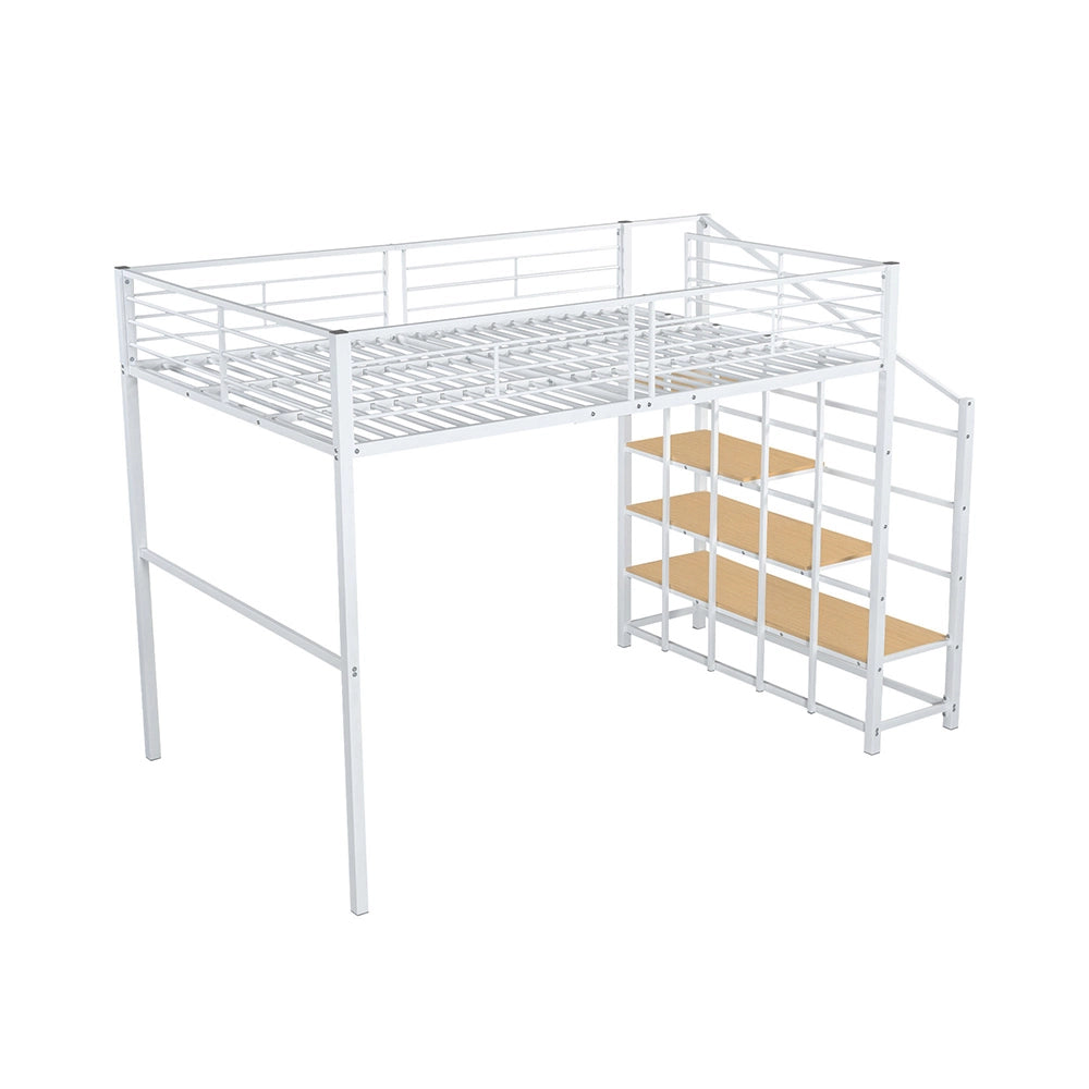 Lit mezzanine superpos?? 140x200 cm - Xylo - Metallo con spazio di archiviazione e scala, bianco