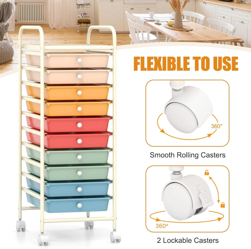 Carrello Portaoggetti con 10 Cassetti, Telaio in Metallo e Struttura in Plastica, 4 Ruote di cui 2 con Freno, Organizer Multiuso per Ufficio, Cucina e Bagno, 33 x 37 x 86 cm