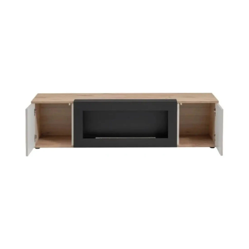 Mobile TV ERINA con camino bio-etanolo integrato – Rovere chiaro e beige – 160 cm