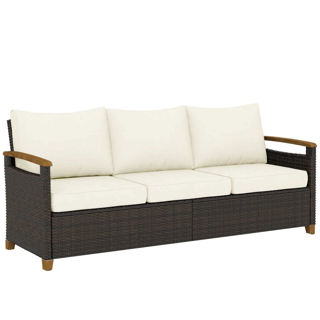 Divano da Esterno 3 Posti in Rattan PE ¨C zephmum ¨C Marrone, Crema, con Cuscini