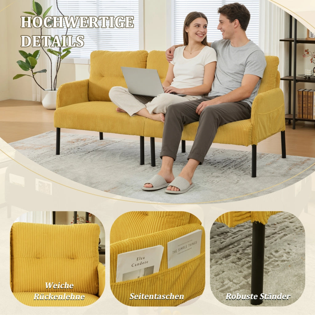 Divano a tre posti in velluto a coste con schienale ergonomico e tasca laterale, struttura in metallo giallo