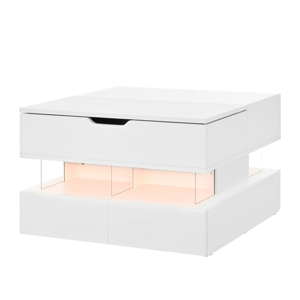 Tavolino da Salotto Alzabile con 2 Cassetti e Vani e LED 16 Colori; Piano in Vetro; in Pannello Truciolare; 70×67×57 cm; Bianco