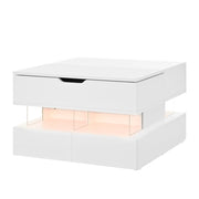 Tavolino da Salotto Alzabile con 2 Cassetti e Vani e LED 16 Colori; Piano in Vetro; in Pannello Truciolare; 70×67×57 cm; Bianco