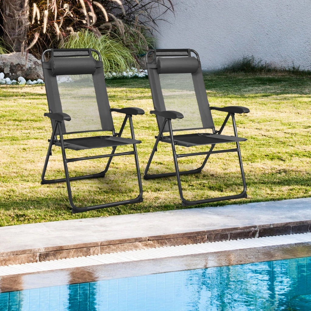Set di 2 sedie reclinabili pieghevoli da patio, Sedie regolabili con poggiatesta per cortile Grigio-Poltrone e sdraio