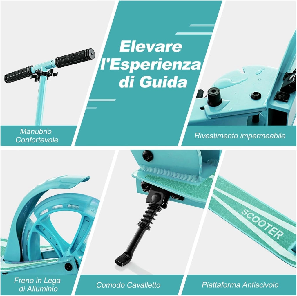 Monopattino Pieghevole con Altezza Regolabile, 2 Ruote Luminose con Freno, Manubrio Regolabile, Pedana Antiscivolo, Tracolla e Cavalletto, Scooter Portata 100kg, 10+ Anni