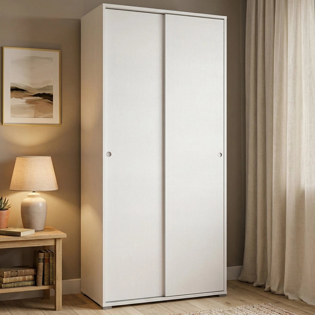 Guardaroba Alaysia, Armadio a 2 ante scorrevoli e 4 ripiani, Mobile moderno multiuso per camera da letto, Made in Italy, Cm 90x45h195, Bianco