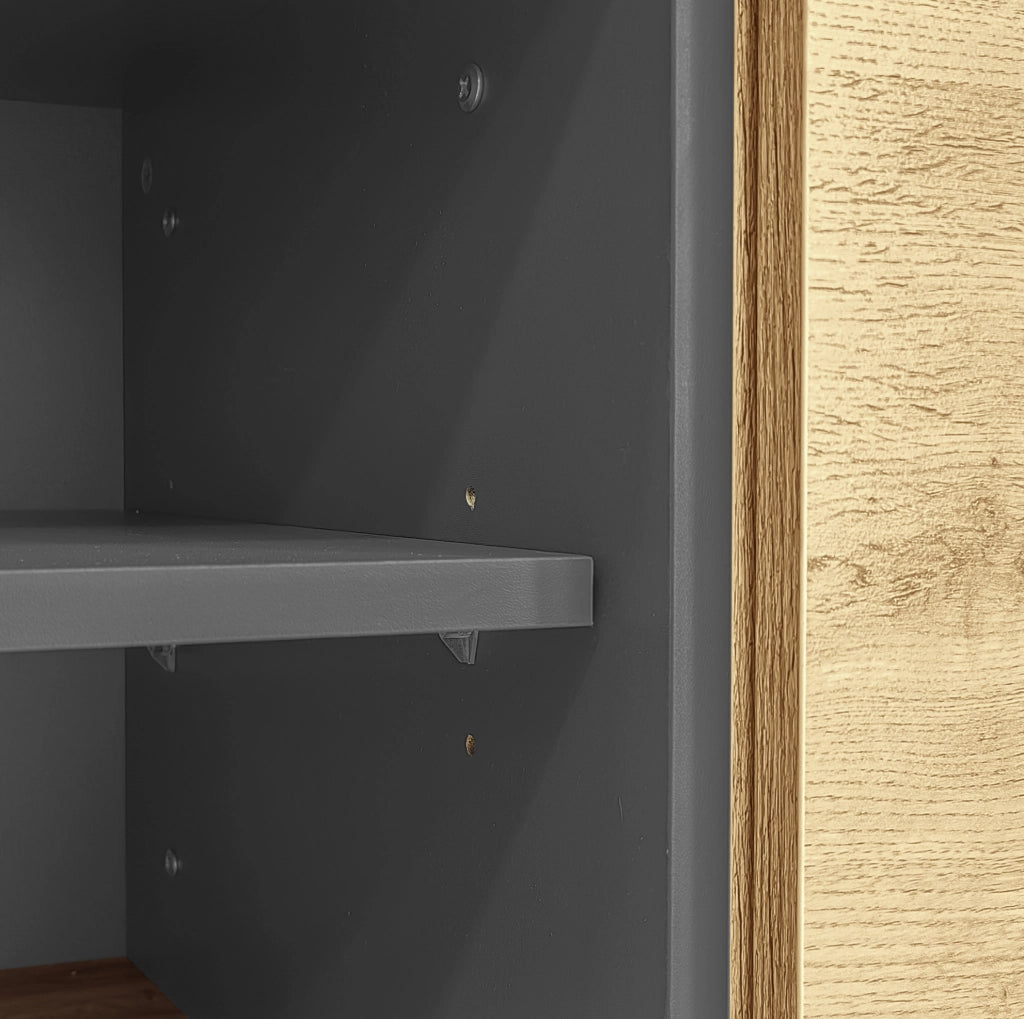 Mobile TV 200x45x45 cm con 3 vani aperti e 3 ante; pannello truciolare nero; grigio e naturale