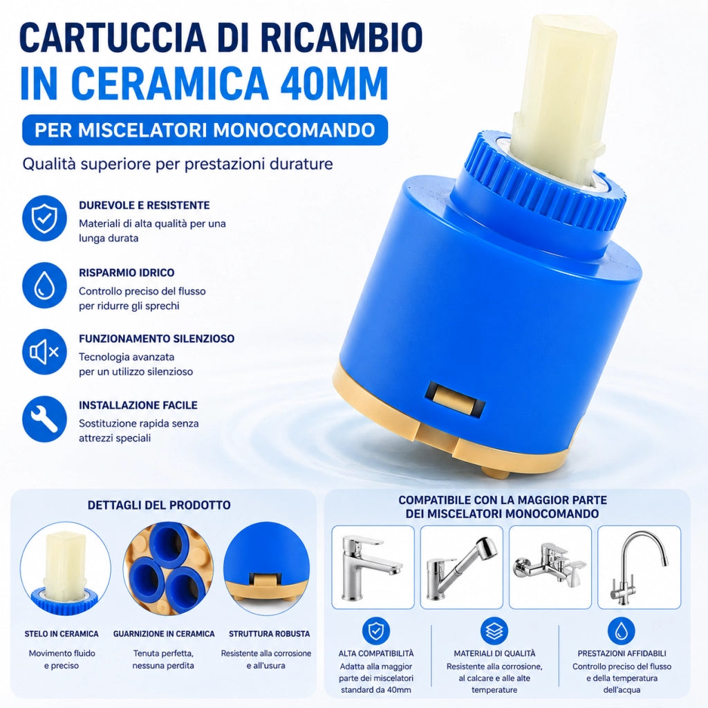 2 Cartucce Cartuccia Per Miscelatore Rubinetto Monocomando Diametro 40mm 52986