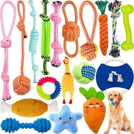 Set di giocattoli per cani a 18 pezzi di cotone naturale con corda - giocattoli per masticare per cani - interattivi e sostenibili