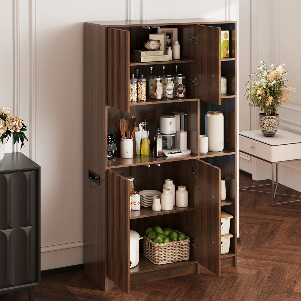 Mobile credenza da cucina con LED e presa elettrica, 2 ante e vani aperti per cucina e soggiorno, noce 105 × 40 × 180 cm