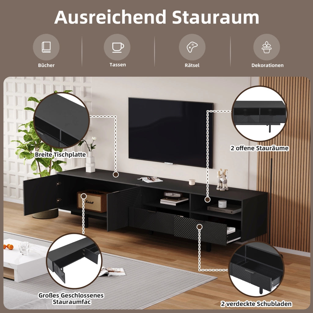 Mobile TV con 2 ante; vani aperti e passacavi - per soggiorno - 200×40×51 cm - nero