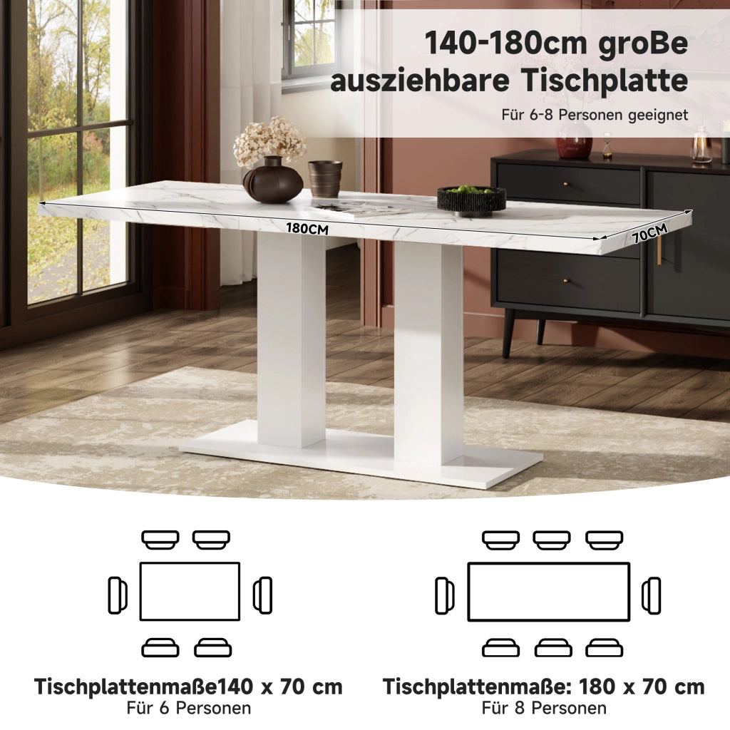 Tavolo allungabile, 140/180 × 70 cm, per 6-8 persone, effetto marmo, bianco