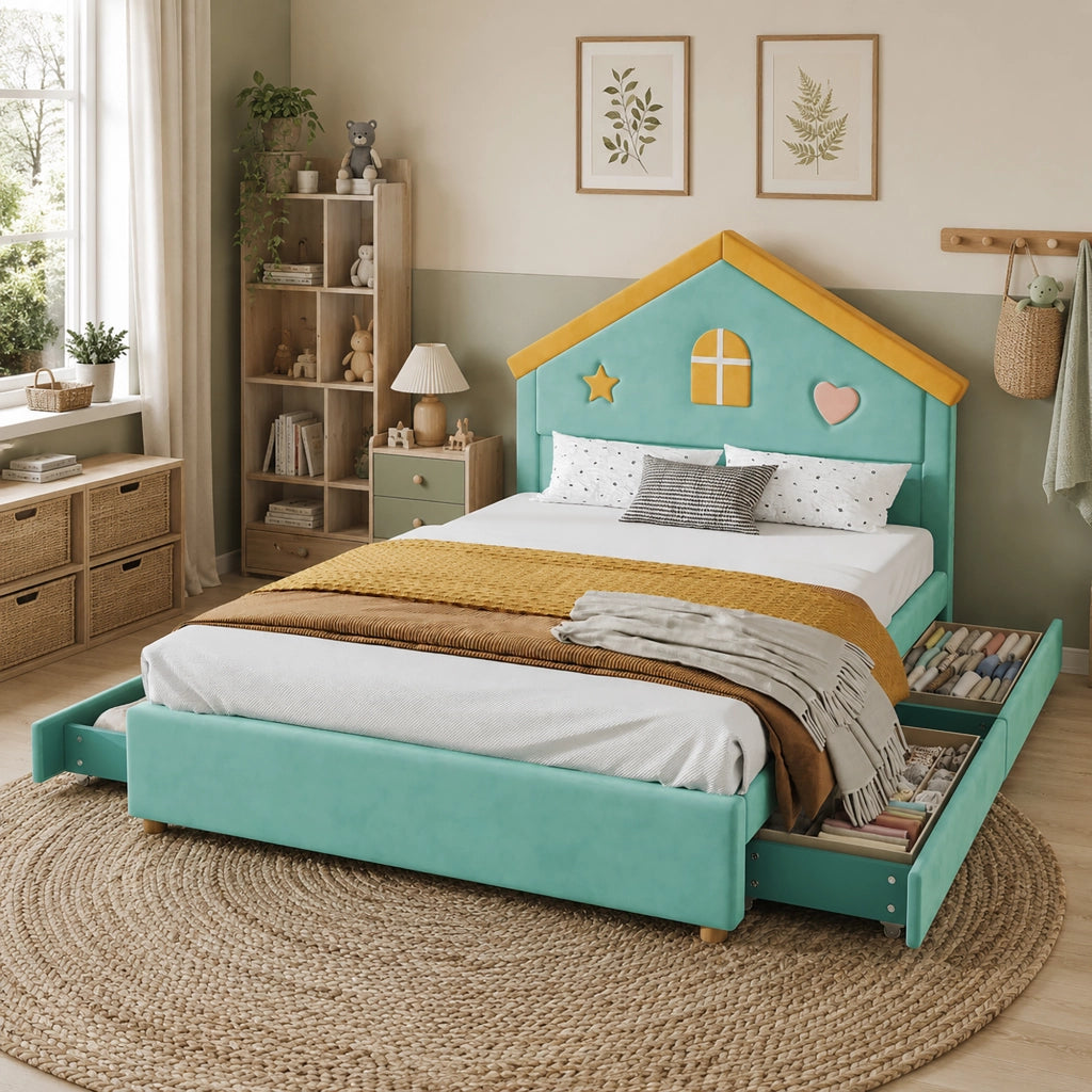 Letto per bambini a casetta 140 × 200 cm con 4 cassetti, senza materasso, in velluto, bluverde