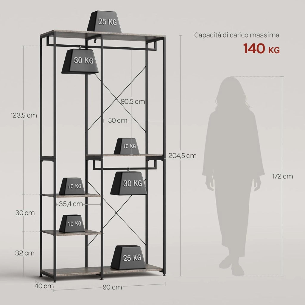 Porta Abiti in MDF e Acciaio, Appendiabiti con Scaffali, Attaccapanni Moderno, Guardaroba Armadio Nero 90x40x204,5 cm