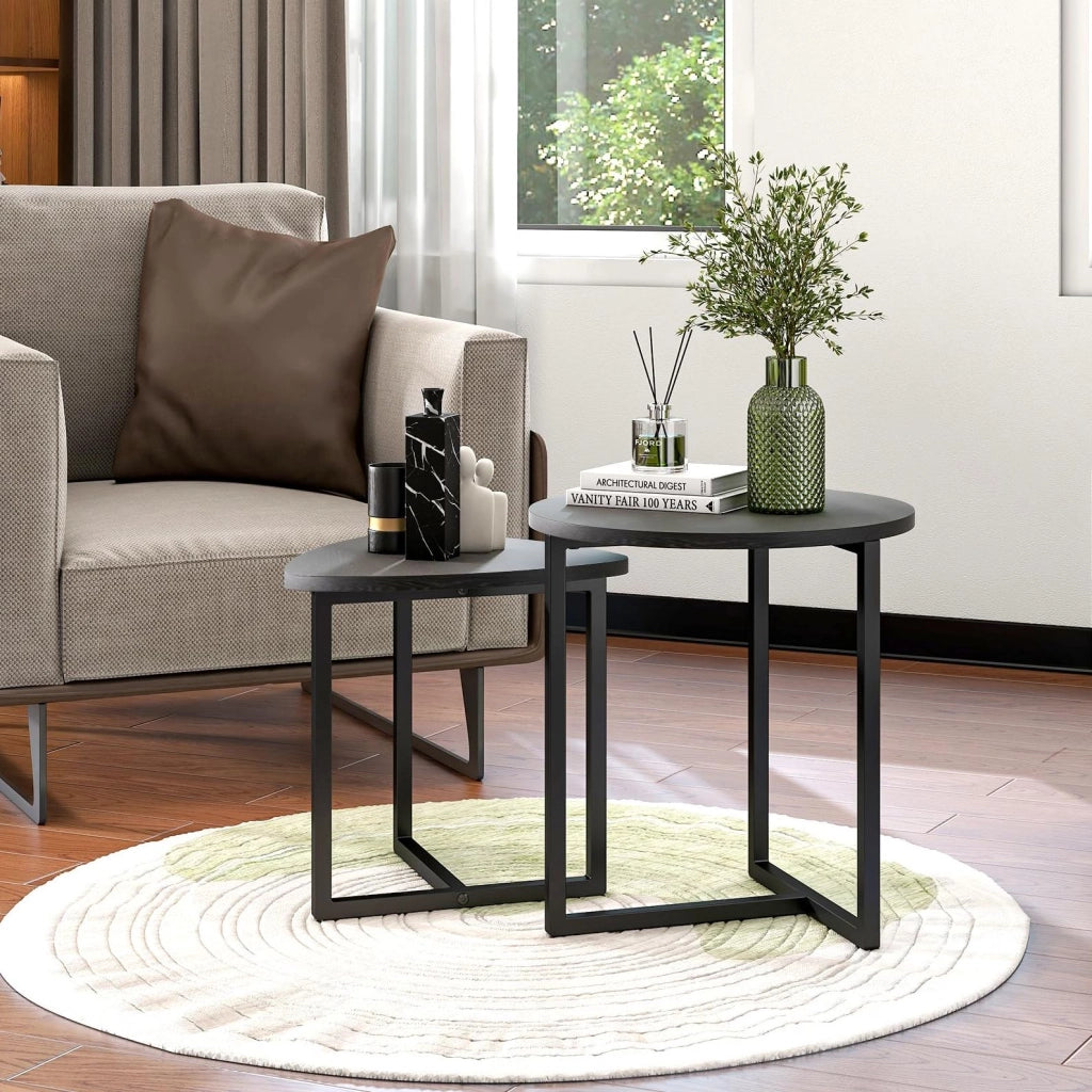 Set 2 tavolini a cuore neri 45x48 cm; impiallacciatura legno e metallo