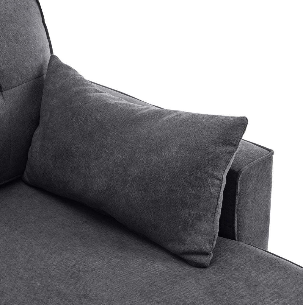 Divano letto con chaise longue reversibile; contenitore e portabicchieri in cotone e lino grigio