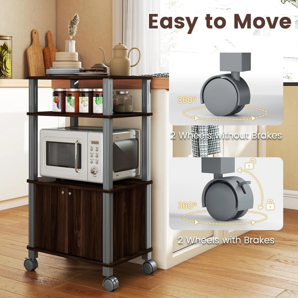 Carrello da Cucina a 3 Livelli per Microonde, Carrello Portaoggetti con Ruote e Armadio con Porta, Carrello di Servizio in Legno, Organizer per Sala da Pranzo, 60 x 40 x 98 cm (Marrone)