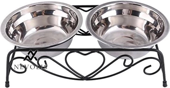 Piatti da Cibo per Cani e Gatti in Acciaio Inossidabile con 2 Piatti - Standard per Cani e Gatti - Nodi in Gomma Antiscivolo - 135 cm Argento.