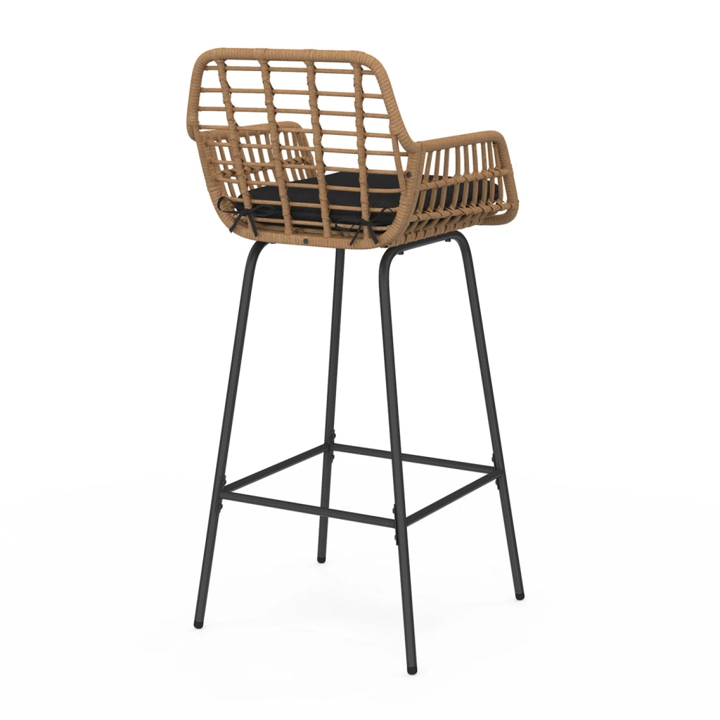 IDMarket - Set di 2 sgabelli da bar SUMMER con braccioli effetto rattan beige e gambe in metallo nero
