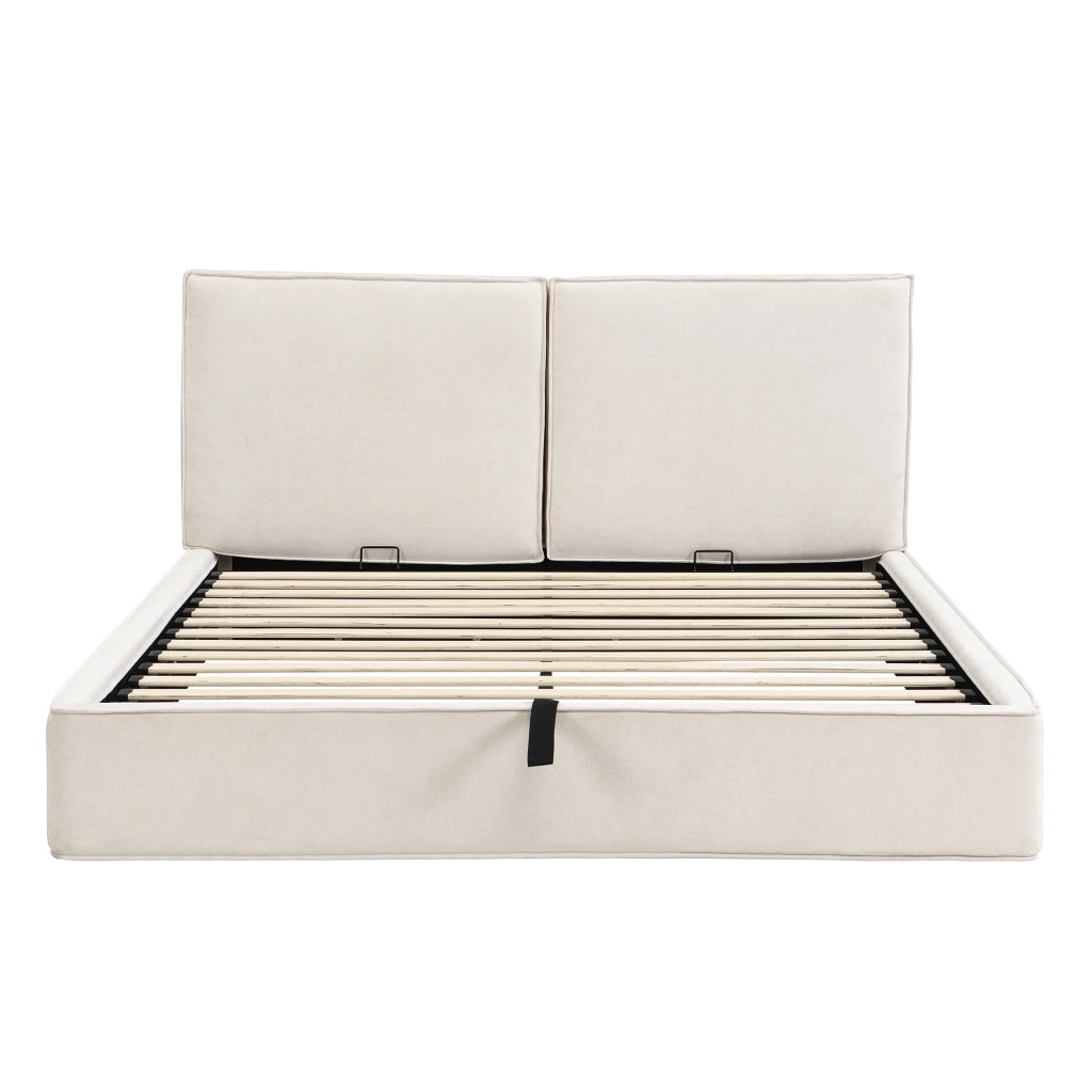 Letto Imbottito Matrimoniale con Materasso ¨C MINIMAL ¨C Contenitore Idraulico, Testiera, Beige, 180x200
