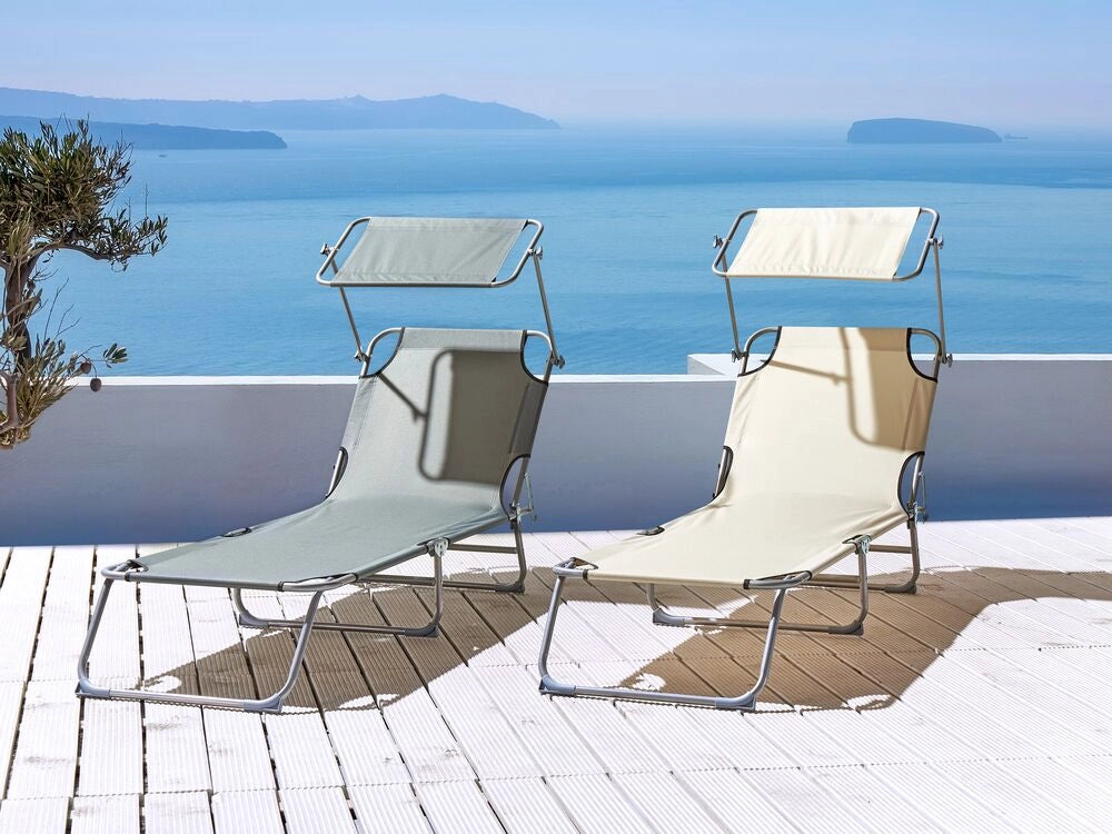 Lettino da giardino pieghevole in acciaio crema con parasole esterno bordo piscina design moderno