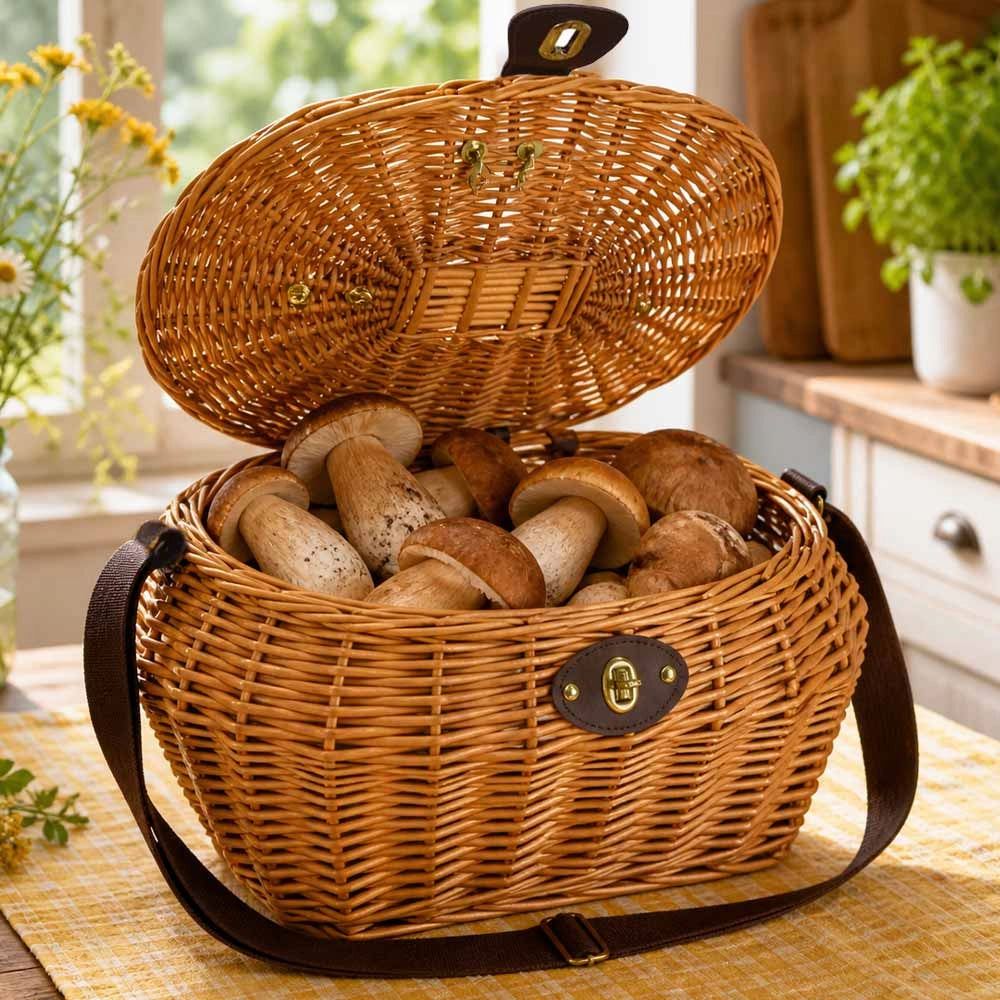 Cesto cestino Jack in vero Vimini per funghi con Coperchio 38 x 30 x h 25 cm