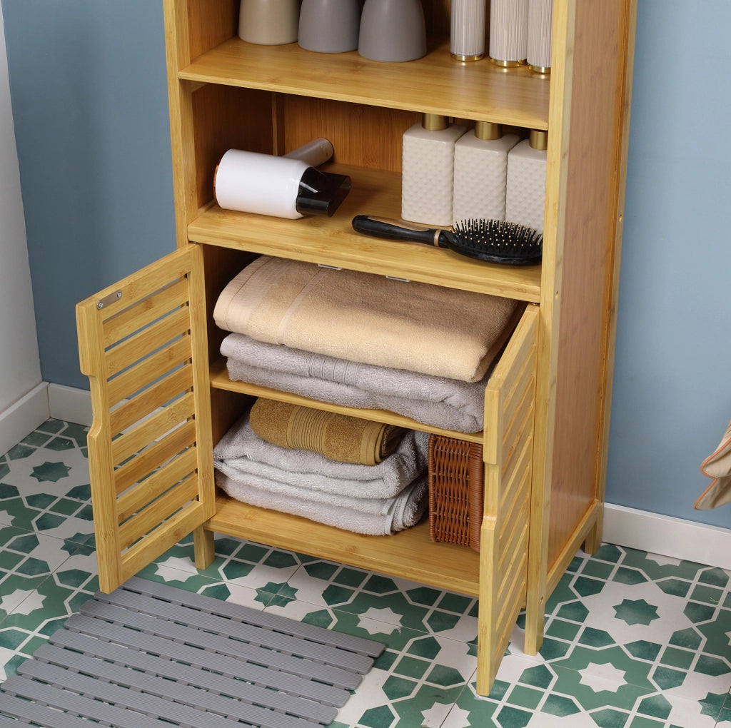 Mobiletto bagno 50x29x92 cm con 2 vani aperti e armadietto doppio; bambù naturale