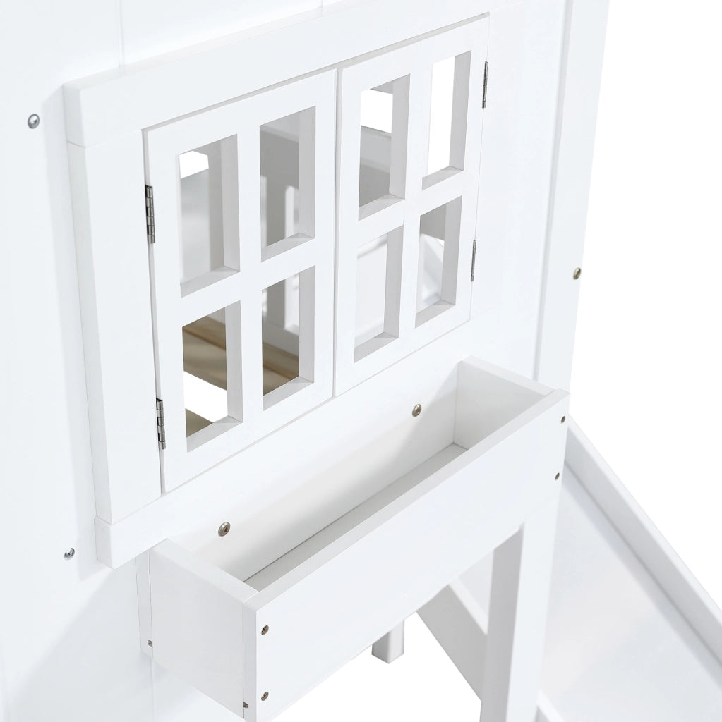 Letto a castello 90x200 cm con scivolo e finestre in legno e MDF bianco